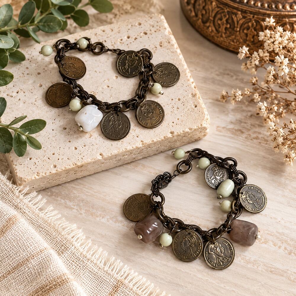 Vintage Coin Charm Bracelet Lot of 2 Antique Metal Stone Bead Boho Gypsy Jewelry